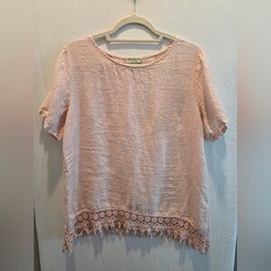 Terzo Millennio Italian 100% Linen Cottagecore Blush Crochet Blouse
